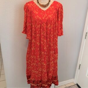 Go Softly Patio Dress Orange Midi Boho Mumu India House Dress W Pockets Medium